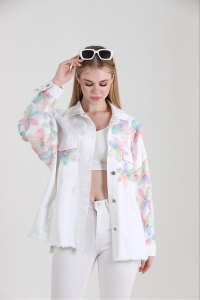 Kısmetin Butiği Ethnic Patterned Colorful Floral Women's Jeans Jacket - Rose Rose Gayesi, New Collection