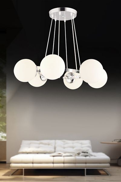 SONSUZ AYDINLATMA&AVİZE Infinite Chrome 6-Piece Ring White Globe Glass Modern Chandelier