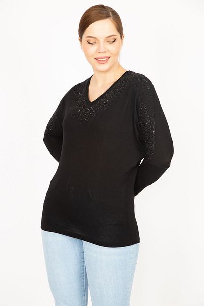 Şans Women's Black Plus Size Stone Detailed V-Neck Blouse 65n35895