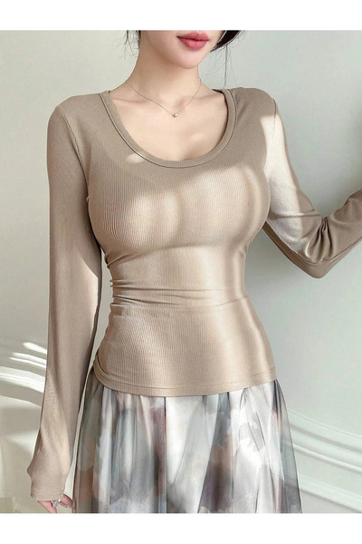 BNK Shop Γυναικείο μπλουζάκι με μακρύ μανίκι με λαιμόκοψη σε γκρι μελανζέ