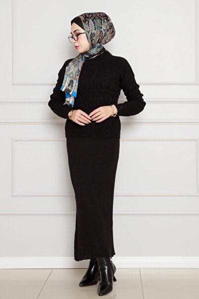 Sevitli Lace Embroidered Gilet Knitwear Set-Black