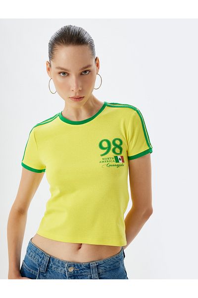Koton Tricou Crop Decolteu Crew Slogan Imprimat Mânecă scurtă