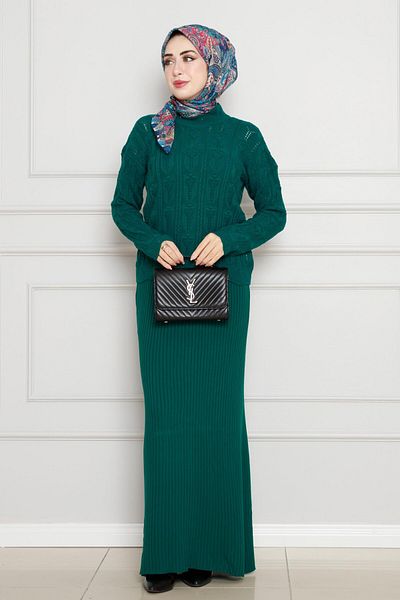 Sevitli Lace Embroidered Gilet Knitwear Set-Emerald Green