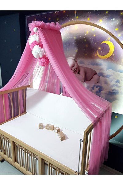 bebek_iklimi Bebek Lüks Cibinlik Takımı - Koyu Pembe Ve Beyaz Dört Ponponlu -...