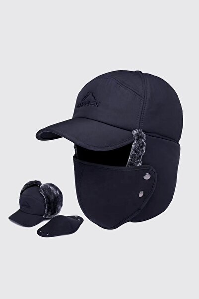 Külah Pălărie cu blană bleumarin, căciulă de schi cu măști de protecție și ja...