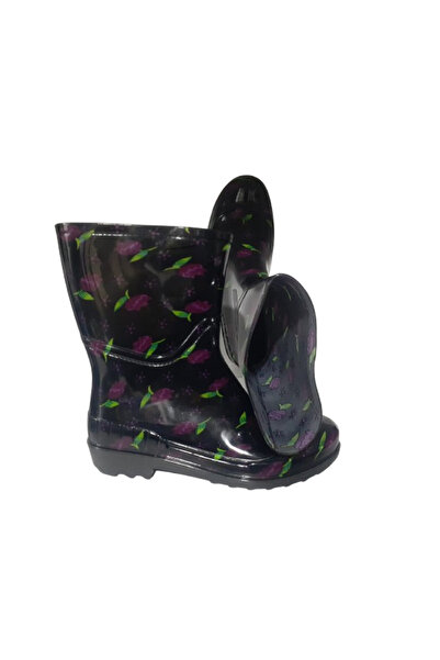Emek Kadın Siyah-Mor Laleli Kısa Bahçe Yağmur Çizmesi EMek036-97