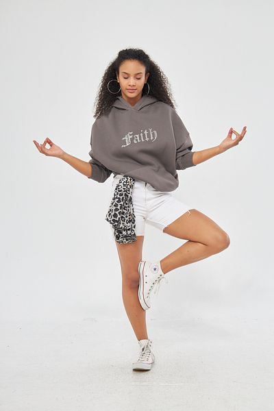 The Champ Clothing Hanorac afumat supradimensionat din lână cu glugă cu imprimeu Faith Written Stone