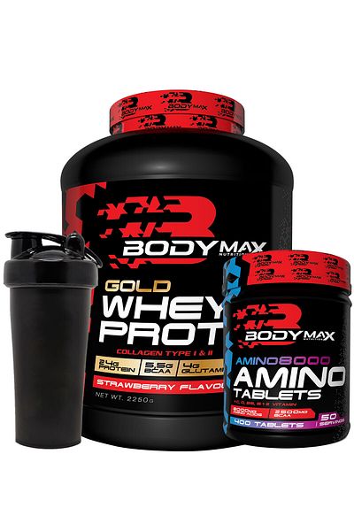 BODYMAX Gold Whey Protein - Strawberry Flavored, 2250 Gr, Amino8000 Acid Tablet + Shaker Gift