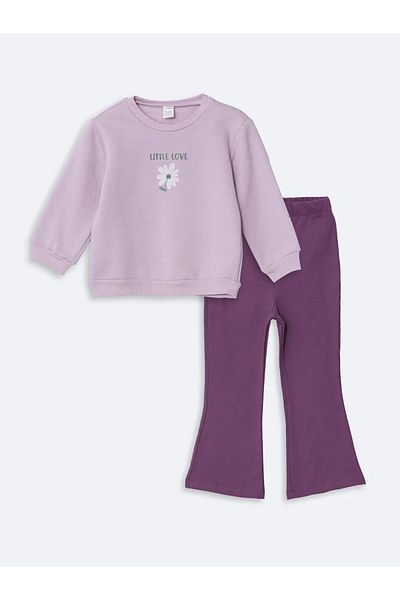 LC Waikiki Lcw Baby - Lilac Colored Baby Girl Sweatshirt and Leggings, Crew Neck, Long Sleeve, Floral Print Set of 2