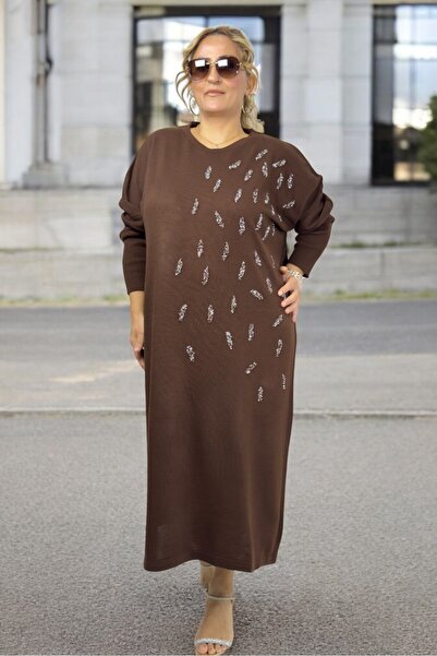 yagmurberen Stone Embroidered Drop Patterned Low Sleeve Extra Large Size Knitwear Dress