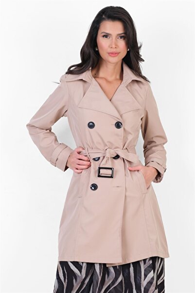 Spazio Pallaske Kruvaze Yaka Kuşaklı Cepli Trençkot TAŞ