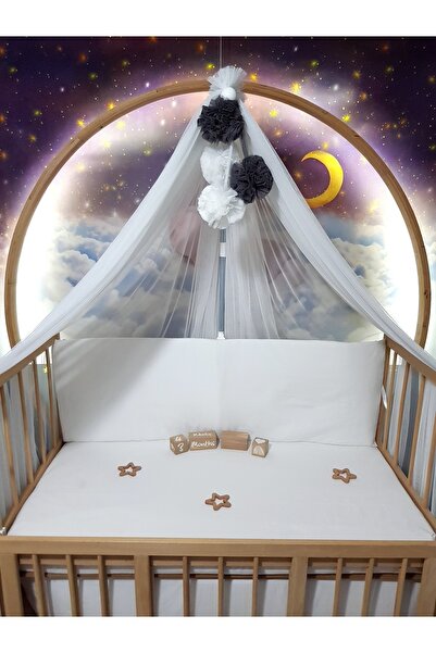 bebek_iklimi Bebek Lüks Cibinlik Takımı - Beyaz Ve Koyu Gri Dört Ponponlu - 6...