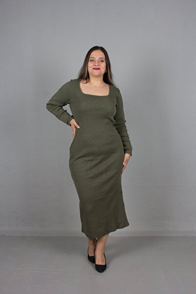 Truva XXL Large Size Square Collar Ribbed Dress