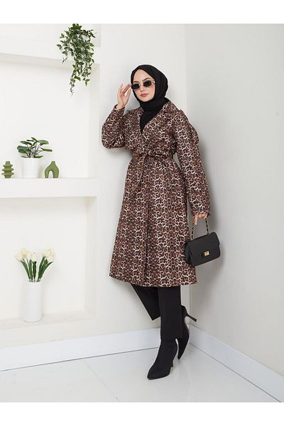 Dabenti women style Women's Leopard Patterned Trench Coat