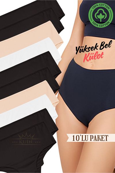 KUIN 10 Pieces Plus Size High Waist Bato, Cotton and Elastic Pantalon (Battal Size)