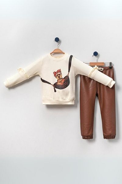 CreativeBebe Комплект от 2 части за момиче с дълъг ръкав с фигура на куче, волан и детайлна талия, еластичен крачол