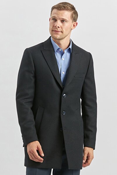 İmza Темно-синій кашемірний пальто з ластовиним коміром, розрізом і капітоневою підкладкою, комфортний крій 1005245157