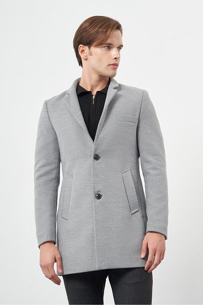 İmza Κλασικό παλτό με γιακά γκρι κασμίρ Slim Fit - Καπιτονέ επένδυση 1008245171