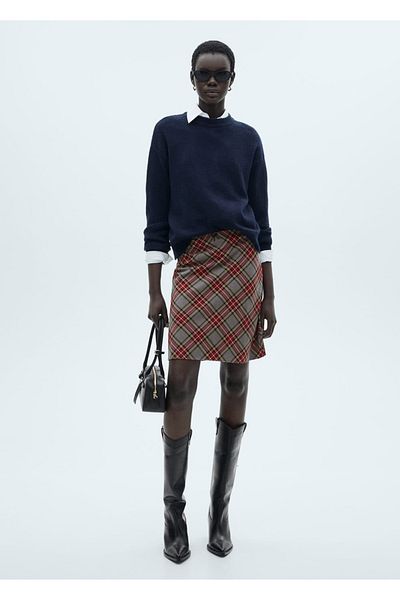 MANGO Woman Plaid Skirt with Lace Trim