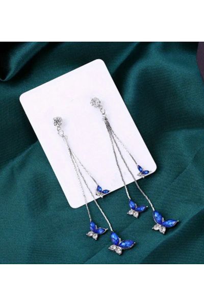 ER TAKI Silver Colored Blue Jewelled Long Dangle Stylish Butterfly Engagement Henna Wedding Evening Dress Earrings