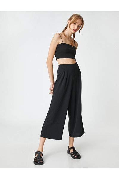 Koton Wide Leg Trousers Crop High Waist Darts