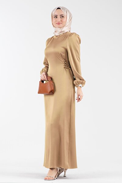Sevitli Yanı Bağcıklı Saten Abiye-Bej