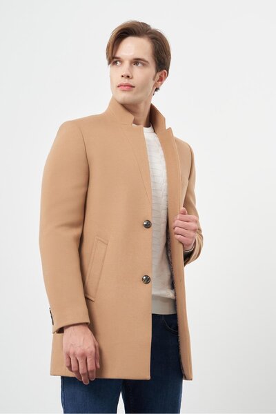 İmza Κλασικό παλτό Camel Cashmere Slim Fit - Κατακόρυφος γιακάς και καπιτονέ επένδυση 1008245171