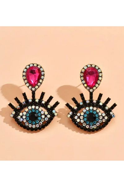 ER TAKI Pink Jewelled Eye Design Large Stylish Engagement Henna Wedding Evening Dress Earrings