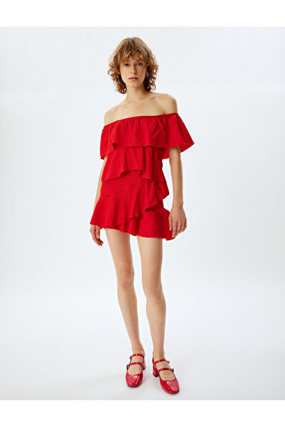 Koton Fırfırlı Elbise Mini Kayık Yaka Omzu Açık Rahat Kalıp Bürümcük