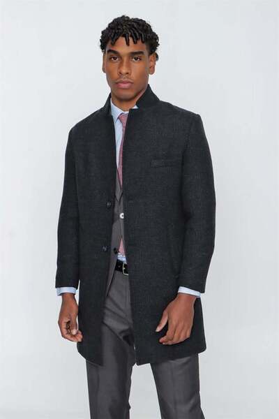 İmza Μαύρο ραμμένο γιακά με μοτίβο μάλλινο σκίσιμο με λεπτή γραμμή κλασικό πανωφόρι 1005225154