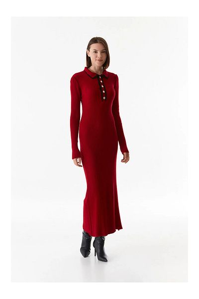 Julidress Rochie tricotată cu mânecă lungă, cu mânecă lungă, cu decolteu polo roșu