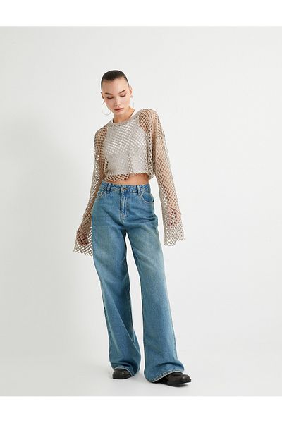 Koton Μακρυμάνικο Crop Crochet T-Shirt - Crew Neck