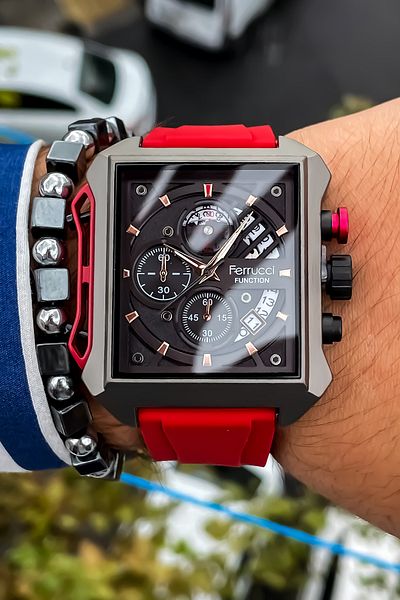 Ferrucci 3 Atm Waterproof Red Color Steel Case Silicone Cord Men's Wristwatch Bracelet