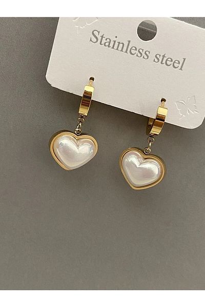 Sepetten Eve Non-tarnishing Antiallergic Stainless Steel Earrings with Mother-of-Pearl Heart Detail