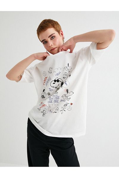 Koton Snoopy πίσω στάμπα με κοντό μανίκι, βαμβακερή λαιμόκοψη με άδεια