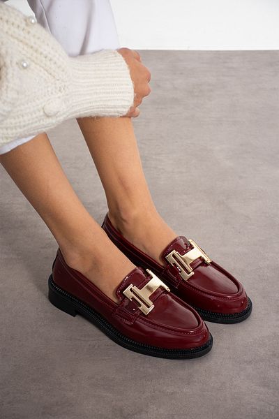 Pazzyonez Pantofi de damă din piele lacuită bordeaux, zilnic, confortabili, casual, cu cataramă, pantofi clasici