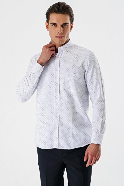 İmza Ekru Uzun Kollu Baskılı Bez Ayağı Düğmeli Yaka Cepli Pamuklu Comfort Fit Gömlek 1004235164