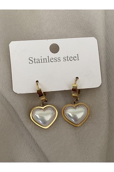 Sepetten Eve Non-tarnishing Antiallergic Stainless Steel Earrings with Mother-of-Pearl Heart Detail