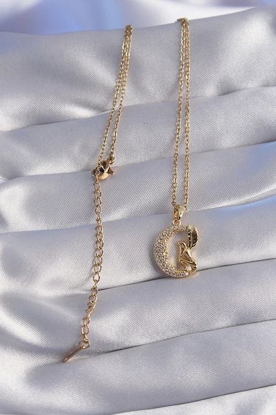 Clariss 316L Steel Chain Gold Color Bird Figured Zircon Stone Moon Design Necklace