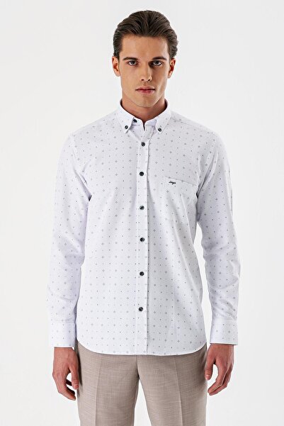 İmza Λευκό μακρυμάνικο εμπριμέ πουκάμισο Dobby με κουμπιά και τσέπες γιακά, βαμβακερό πουκάμισο Comfort Fit 1004235166