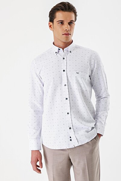 İmza Λευκό μακρυμάνικο εμπριμέ πουκάμισο Dobby με κουμπιά και τσέπες γιακά, βαμβακερό πουκάμισο Comfort Fit 1004235166