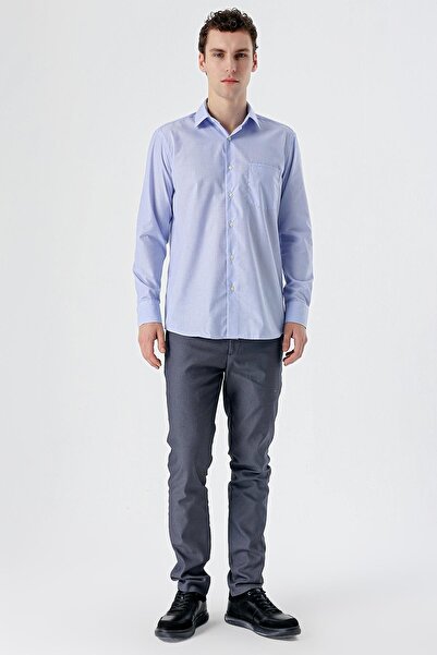 İmza Μπλε μακρυμάνικο Filafil με σκληρό γιακά βαμβακερό πουκάμισο Basic Comfort Fit 1004240002