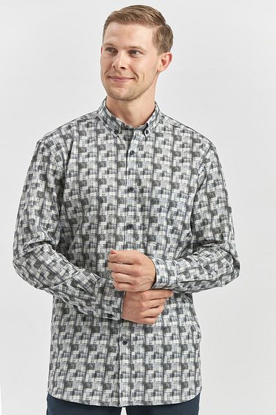 İmza Γκρι πουκάμισο Perfectto Comfort Fit - Μακρυμάνικο, εμπριμέ εμπριμέ, γιακάς με κουμπιά 1004240251