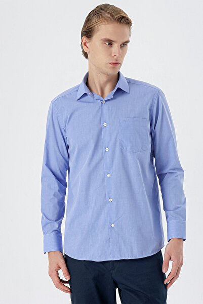 İmza Mavi Uzun Kollu Filafil Sert Yaka Cepli Pamuklu Basic Comfort Fit Gömlek 1004240002