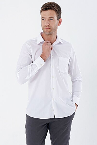 İmza Λευκό μακρυμάνικο υφασμάτινο πόδι με σκληρό γιακά τσέπη Βαμβακερό Comfort Fit Άνετο πουκάμισο 1004235351