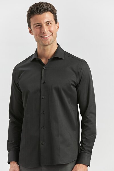 İmza Полуиталиански яка - Черна риза с дълъг ръкав и тясна кройка, гладка тък...