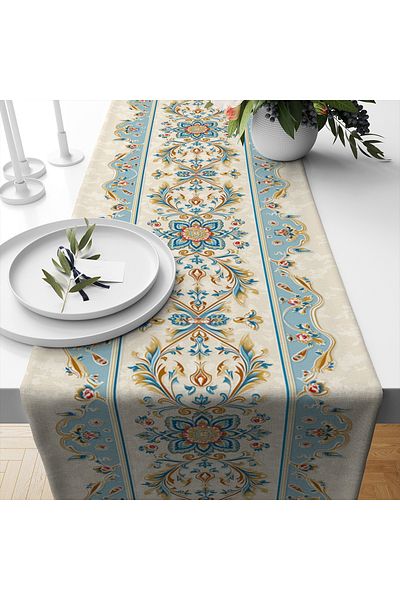 3D ELSE HALI Blue Ethnic Patterned Printed Stain Resistant Care Free Decorative Runner Cover 40X140Cm