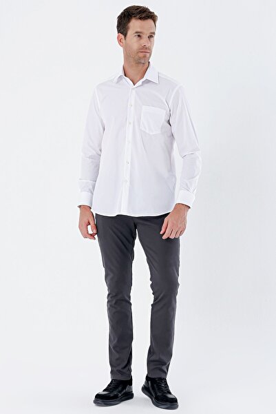 İmza Λευκό μακρυμάνικο υφασμάτινο πόδι με σκληρό γιακά τσέπη Βαμβακερό Comfort Fit Άνετο πουκάμισο 1004235351