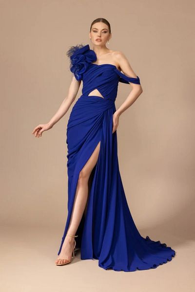 Kenzel Feather and Ruffle Form Long Dress with Shoulder Detail and Slit-7022