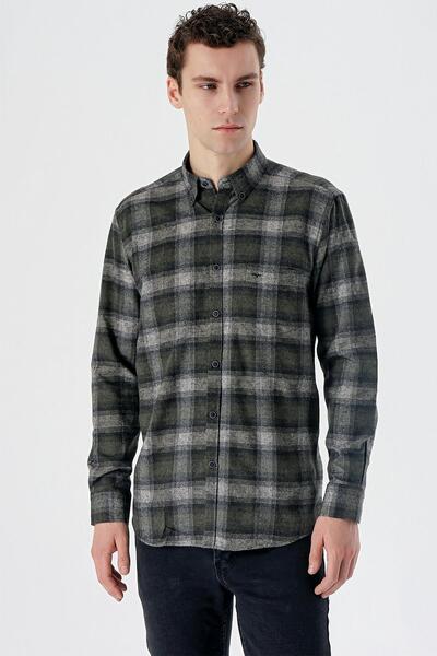 İmza Синя сорочка з довгими рукавами, картатим коміром на ґудзиках, кишенями та комфортним кроєм, 1004235173